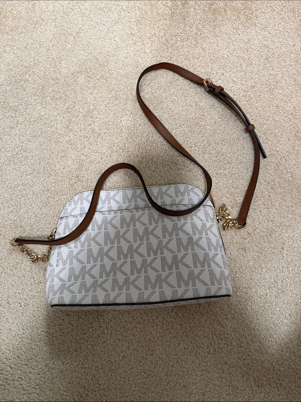 Michael Kors Beige/White Signature Crossbody with Brown Strap